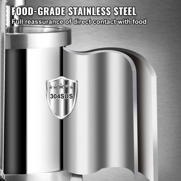 VEVOR sausage stuffer made from food-grade stainless steel with a 304sus emblem for safety assurance.