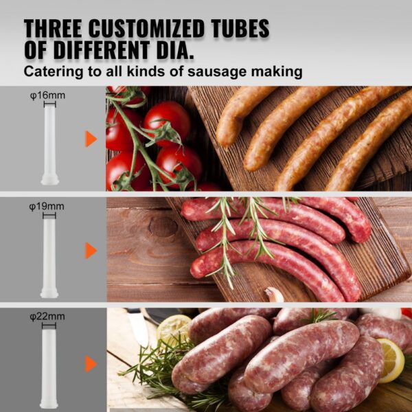 three VEVOR sausage stuffer tubes, 16mm, 19mm, and 22mm, with sausages and fresh ingredients.