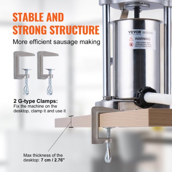 VEVOR sausage stuffer with 2 g-type clamps for stable and strong structure on a wooden table.