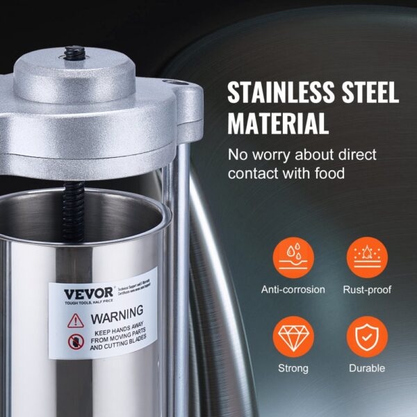 VEVOR sausage stuffer with stainless steel material, anti-corrosion, rust-proof, strong, and durable.