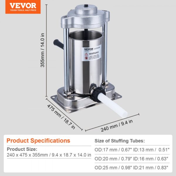 VEVOR sausage stuffer stainless steel with sizes for stuffing tubes and overall dimensions.