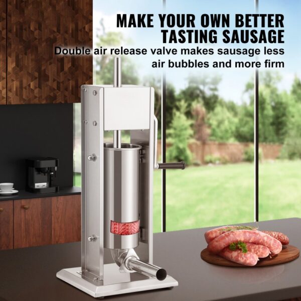 VEVOR sausage stuffer in a modern kitchen with sausages on a plate, large window background.