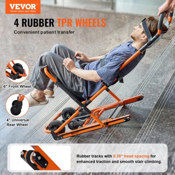 VEVOR emergency stair chair with 4 rubber tpr wheels for convenient patient transfer on stairs.