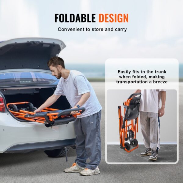 VEVOR emergency stair chair folded and being placed in a car trunk for easy transportation.