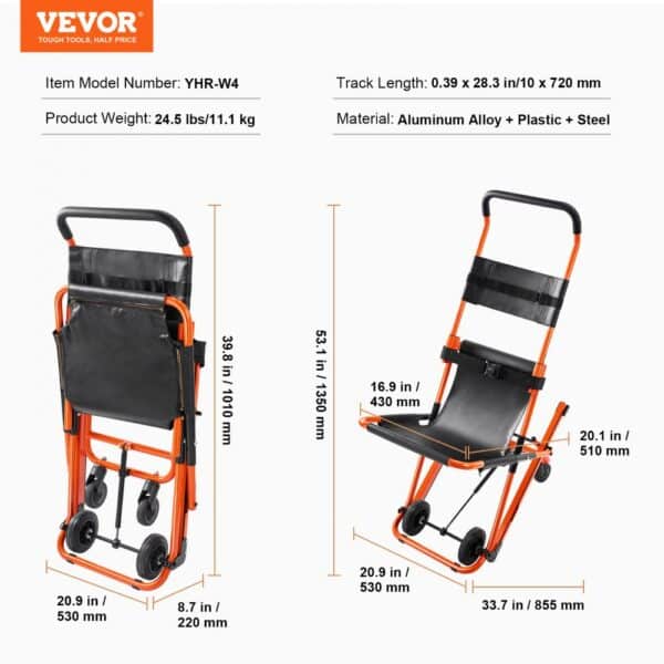 VEVOR emergency stair chair, foldable with aluminum alloy frame, measurements indicated in inches and mm.