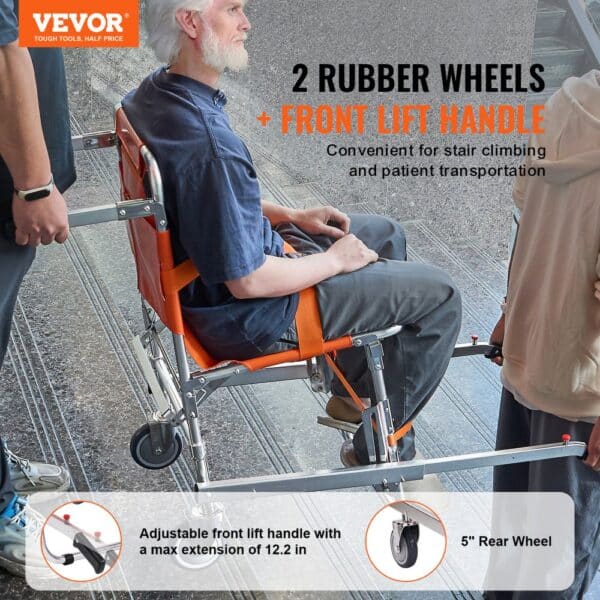 VEVOR ems stair chair with 2 rubber wheels and front lift handle for stair climbing and patient transport.