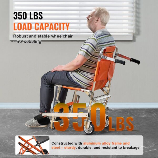 VEVOR ems stair chair with 350 lbs load capacity, featuring an aluminum alloy frame and steel components.