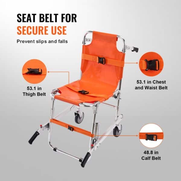 VEVOR ems stair chair with orange seat and secure belts: chest, waist, thigh, and calf belts.