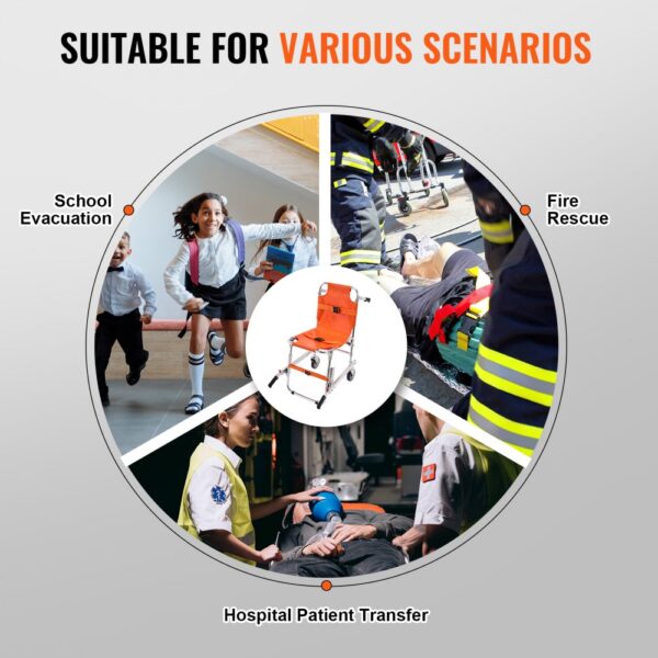 VEVOR ems stair chair for school evacuation, fire rescue, and hospital patient transfer scenarios.