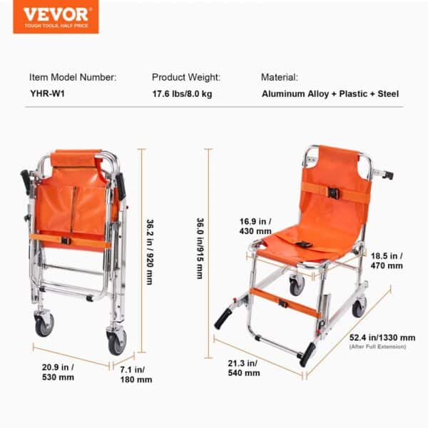 VEVOR ems stair chair, model yhr-w1, aluminum alloy and plastic, foldable, dimensions, and weight shown.