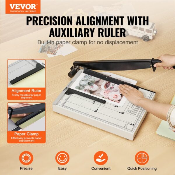 VEVOR paper cutter with alignment ruler and built-in paper clamp for precision and convenience.