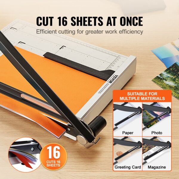 VEVOR paper cutter cutting 16 sheets of paper, suitable for multiple materials like photos, greeting cards, and magazines.