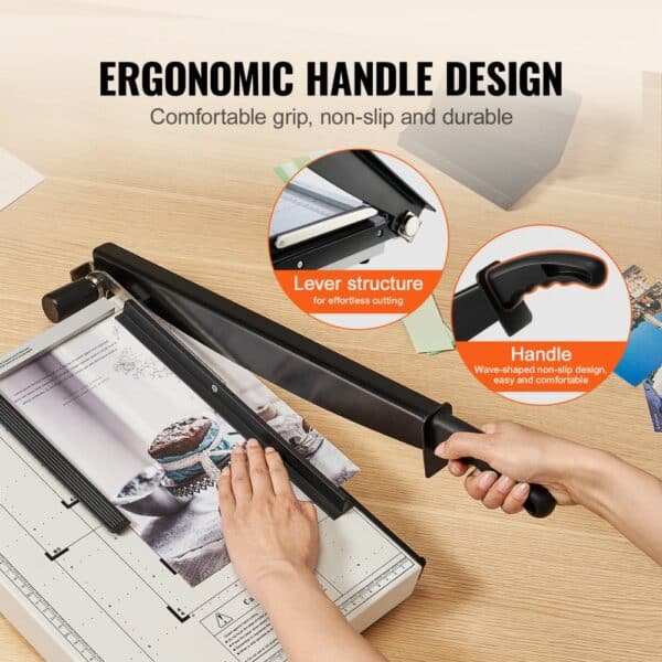 VEVOR paper cutter with ergonomic handle and lever structure for comfortable, non-slip, effortless cutting.