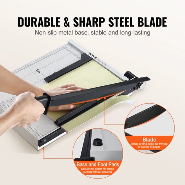 VEVOR paper cutter with a durable steel blade, non-slip metal base, and secure foot pads.