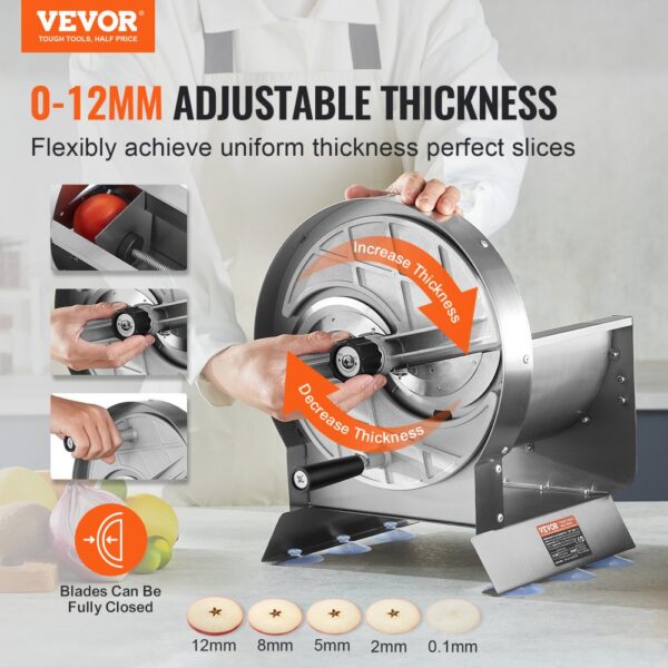 VEVOR vegetable slicer with adjustable thickness from 0-12mm, showcasing slicing adjustments and blade closure.