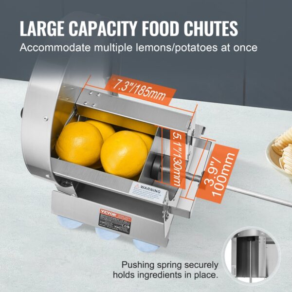 VEVOR vegetable slicer with large capacity food chutes for lemons/potatoes, 185mm width, 100mm height.