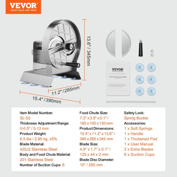 VEVOR vegetable slicer with stainless steel blade, dimensions, and accessories displayed.