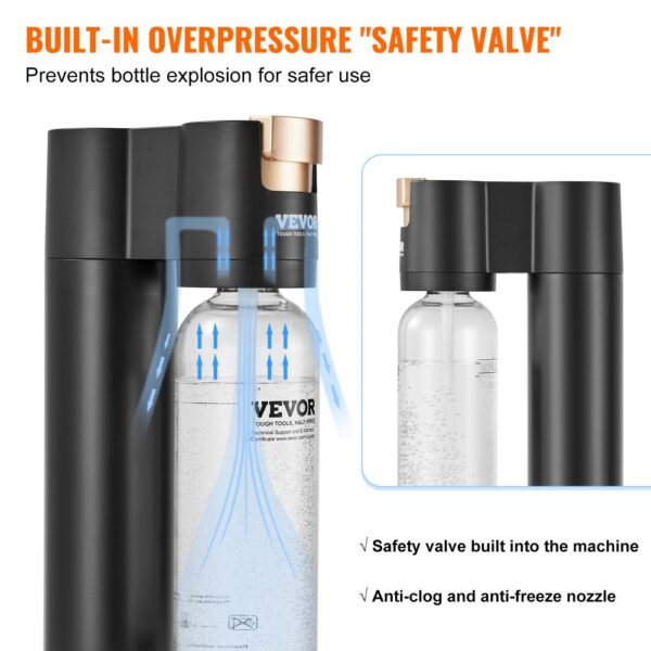 VEVOR sparkling water maker with a built-in overpressure safety valve and anti-clog anti-freeze nozzle.