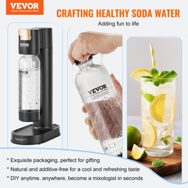 VEVOR sparkling water maker, showcasing hands using it and a refreshing citrus drink with mint leaves.