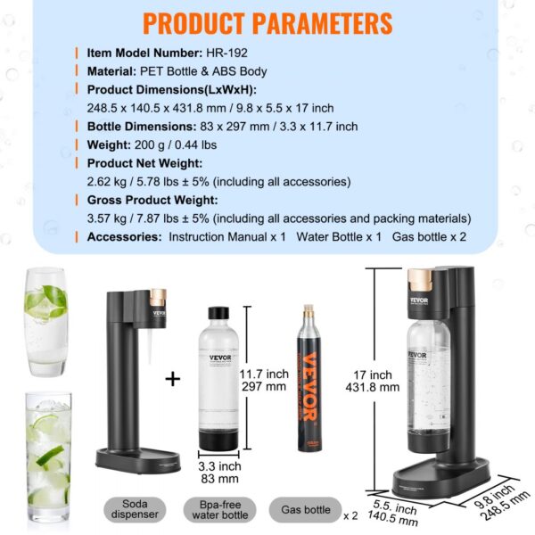 product parameters for VEVOR sparkling water maker, including dimensions, weight, and accessories.