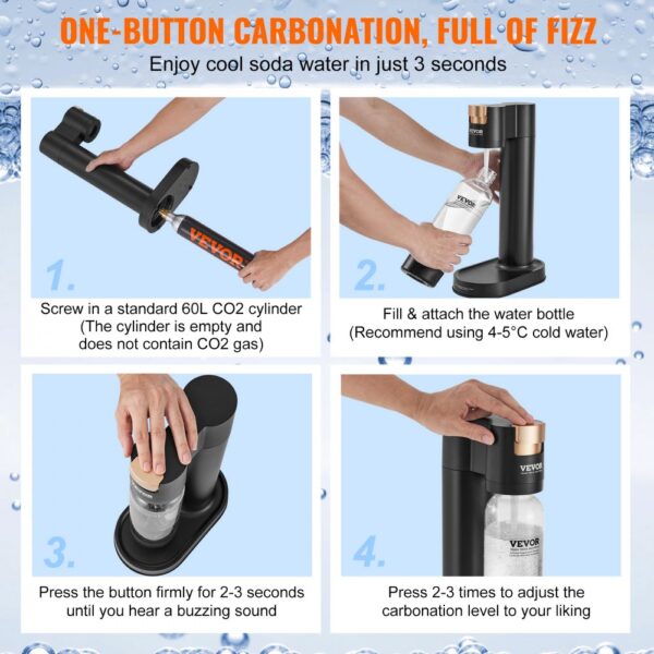 VEVOR sparkling water maker setup process: screw co2 cylinder, fill water bottle, press button to carbonate.