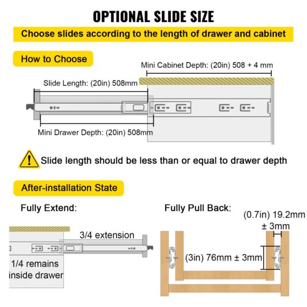 VEVOR drawer slides size chart and installation guide.