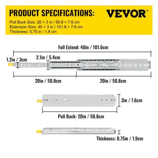 VEVOR drawer slides, 40in extended length, 20in retracted length, 0.75in thickness.