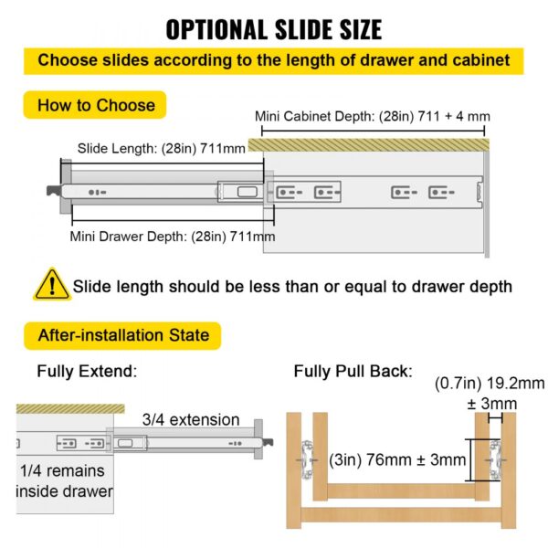 optional slide size guide showing VEVOR drawer slides and installation measurements.