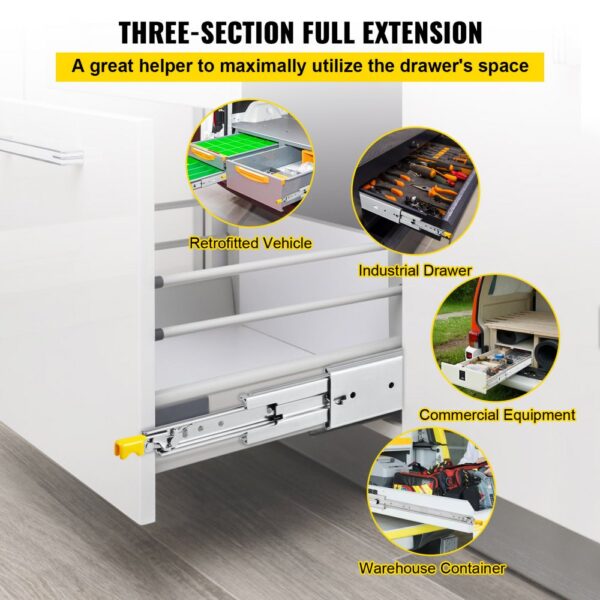 VEVOR drawer slides in various uses: vehicle, industrial drawer, equipment, warehouse.