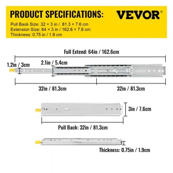 VEVOR drawer slides dimensions and specifications with measurements and product details.