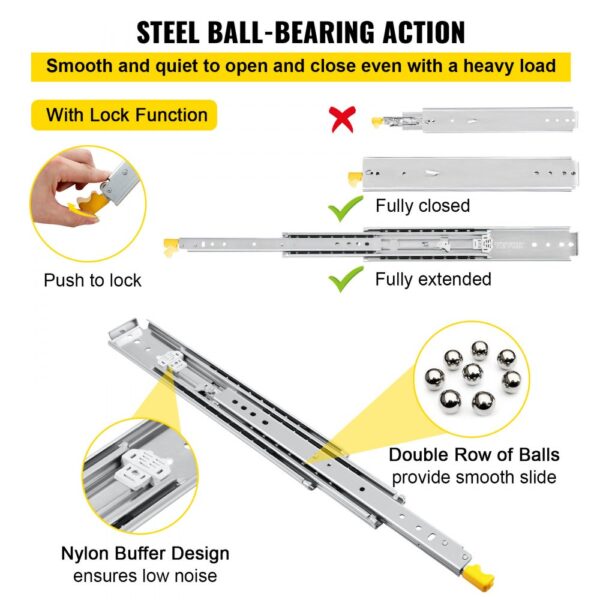 VEVOR drawer slides with lock function, smooth steel ball-bearing action, nylon buffer design.