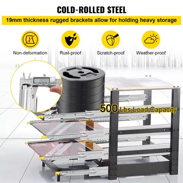 cold-rolled steel VEVOR drawer slides 500 lbs load capacity with 19mm thick brackets.