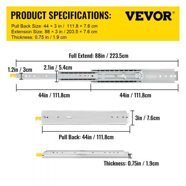 VEVOR drawer slides dimensions and specifications with pull back and full extension sizes.