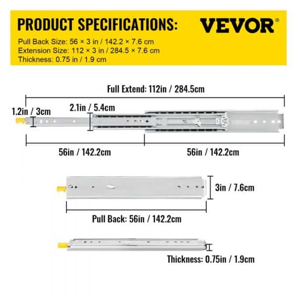 VEVOR heavy-duty drawer slides with measurements for pull back and extension sizes.