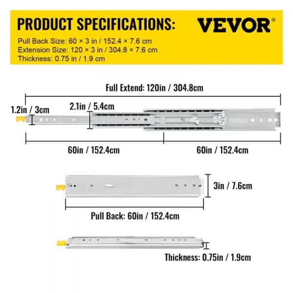 VEVOR drawer slides 60 inch, product specifications, dimensions, and measurements.