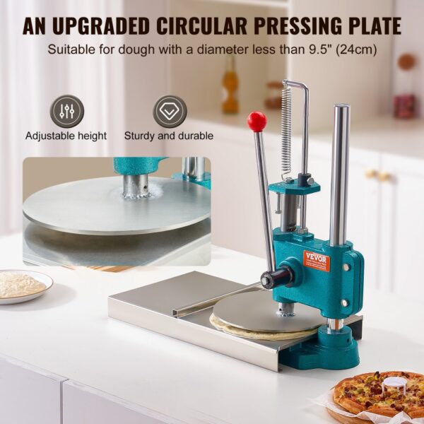 VEVOR pizza dough press machine with adjustable height, circular pressing plate, and sturdy build.