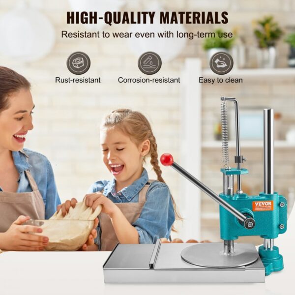 VEVOR pizza dough press machine with rust-resistant, corrosion-resistant, and easy-to-clean features.