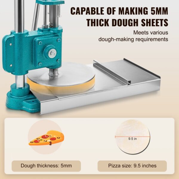 VEVOR pizza dough press machine for 5mm thick dough sheets, 9.5-inch pizza size with durability.