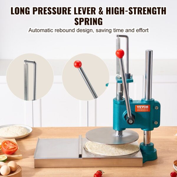 VEVOR pizza dough press machine with long pressure lever and high-strength spring, on kitchen counter.