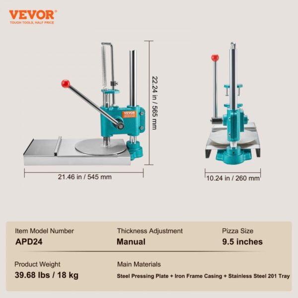 VEVOR pizza dough press machine with apd24 model, manual thickness adjustment, and 9.5-inch pizza size.