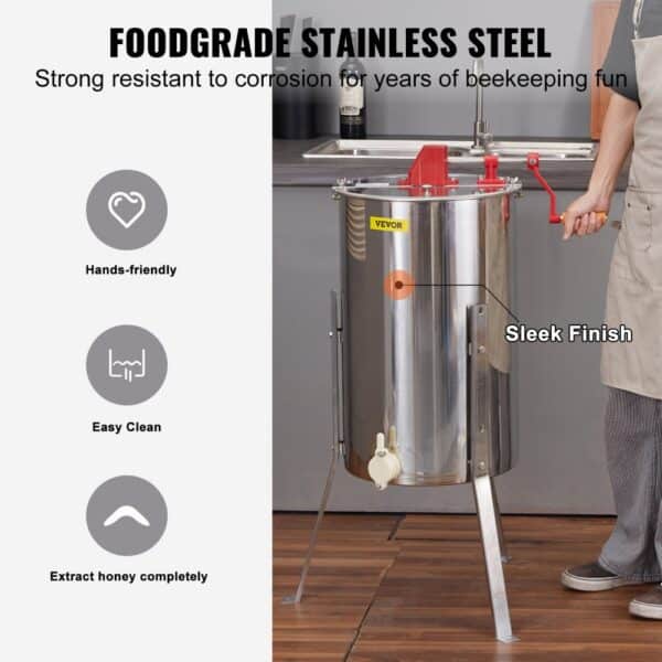 VEVOR honey extractor with food-grade stainless steel, sleek finish, hands-friendly, and easy clean design.