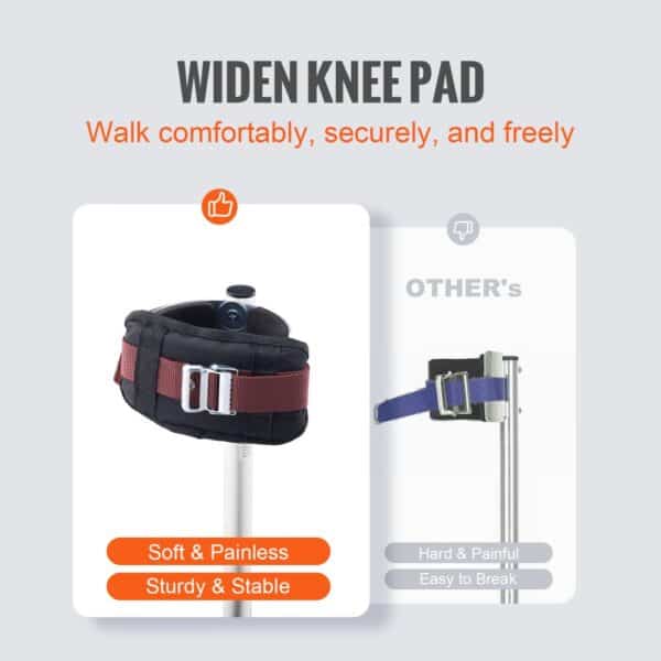 VEVOR drywall stilts showcasing a widened knee pad for comfort and stability versus competitor's.