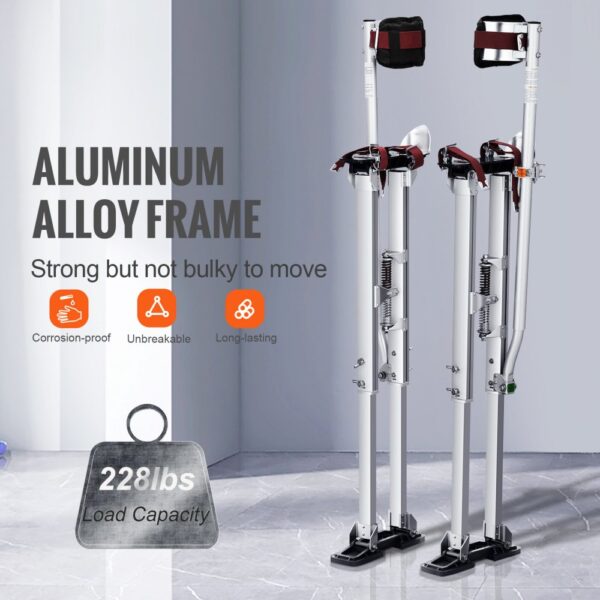 VEVOR drywall stilts with aluminum alloy frame, 228 lbs load capacity, corrosion-proof, unbreakable.