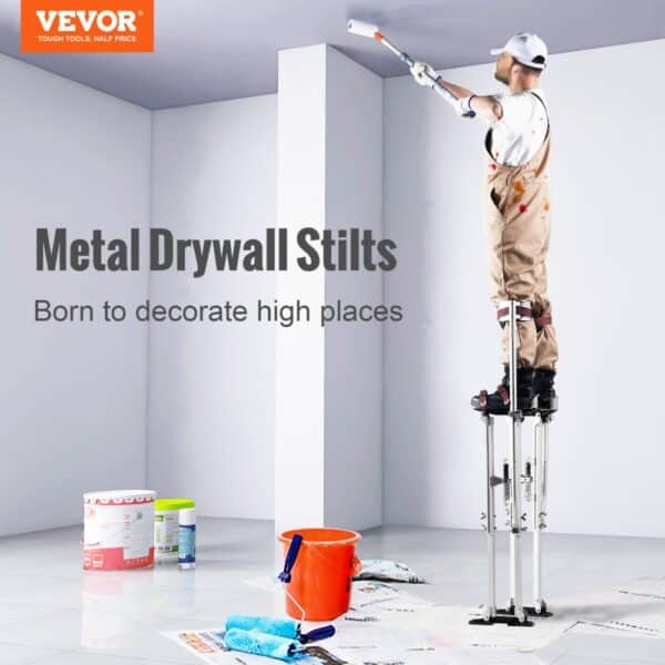 VEVOR drywall stilts in use, a worker painting a high ceiling in a room with painting supplies.