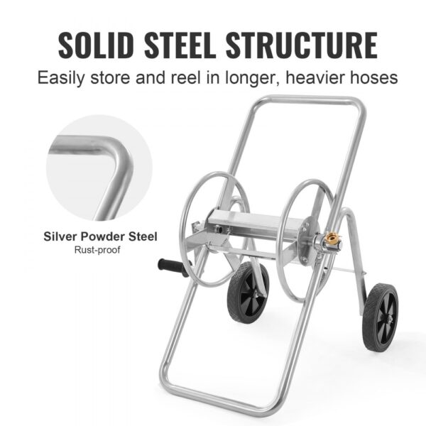 VEVOR hose reel cart, solid steel structure with rust-proof silver powder coating, for heavy hoses.