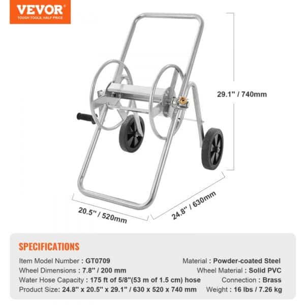 VEVOR hose reel cart with sturdy steel frame, pvc wheels, and brass connections; 175 ft hose capacity.