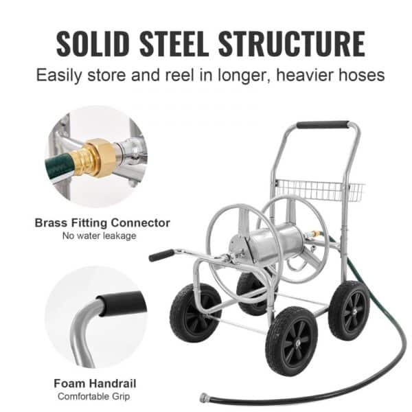 VEVOR hose reel cart with solid steel structure, brass fitting connector, and foam handrail for comfort.