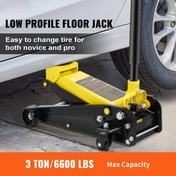 VEVOR 3 ton floor jack lifting a car near a tire, low profile, max capacity of 6600 lbs.