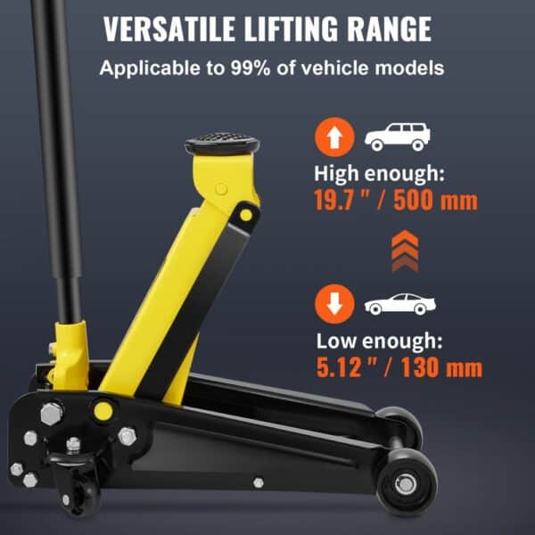 VEVOR 3 ton floor jack showcasing versatile lifting range for 99% of vehicles, from 130mm to 500mm.