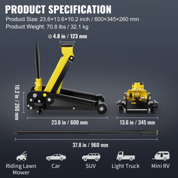 VEVOR 3 ton floor jack, detailed dimensions, product weight, and usage icons for vehicles.